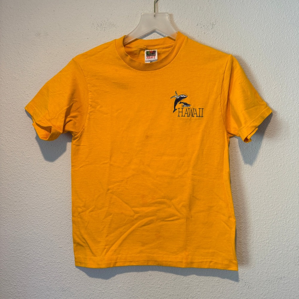 Fruit of the Loom Hawaii Whale Embroidered Yellow T-Shirt Mens Small Cotton